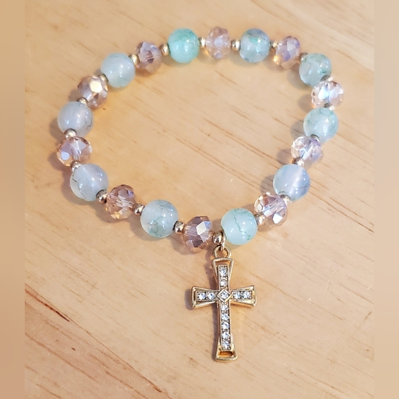 Gold and Genuine Green Stone Beaded Cross Bracelet - Picture 2 of 5